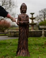  "Shanti" the Standing Buddha Cast Aluminium Garden Sculpture to scale with hand in shot