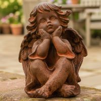 Digital illustration of Rustic Cast Iron Winged Adoring Angel Sculpture 