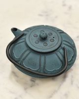 Cast Iron Teal Japanese Style Teapot With Lid On 
