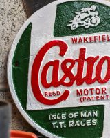 Close up of Castrol Oil Vintage Style Cast Iron Sign finish
