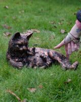 Cat and Kitten in Cast Aluminium Garden Sculpture - Bronze to scale with hand in shot for reference