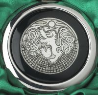 Close-up of the Celtic Lion Design on the Whiskey Flask