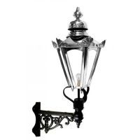 Stainless Steel Hexagonal Concordia Lantern on an Ornate Corner Bracket Stainless Steel Hexagonal Concordia Lantern on an Ornate Corner Bracket