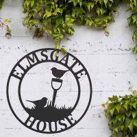 Situ Shot of Circular Steel House Name Sign with "Gardening Robins" Design Situ Shot of Circular Steel House Name Sign with "Gardening Robins" Design