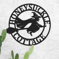 Circular Steel "Witch on Broom" House Name Sign in Situ