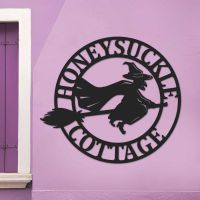 Circular Steel House Name Sign with "Witch on Broom" Motif