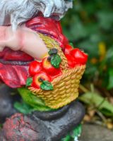 Close up of apple basket on colourful garden gnome sculpture