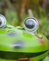 Close up of intricate eye detail on recycled metal frog sculptures