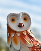 Close up of face detail on Opal the Owl Steel Garden Sculpture Close up of face detail on Opal the Owl Steel Garden Sculpture