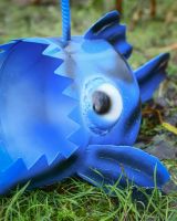 Close up of face detail on anglerfish outdoor sculpture