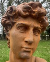 Close up of intricate face detail on Rustic Cast Iron "Bust of David" Garden Sculpture
