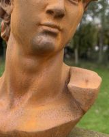 Close up of intricate neck detail on Rustic Cast Iron "Bust of David" Garden Sculpture