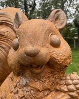 Close up of intricate detail on Rustic Cast Iron "Chester" the Squirrel Garden Sculpture