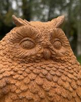 Close up of intricate face detail on rustic cast iron owl garden ornament