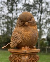 Close up of intricate detail on rustic finish robin garden sculpture