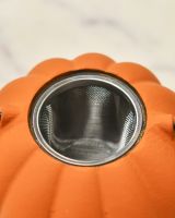 Close up of tea strainer detail on cast iron orange teapot Close up of tea strainer detail on cast iron orange teapot