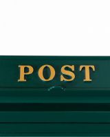 Close up of the Writing on the Letter Flap at the Top of the Antique Green "Oxford" Wall Mounted Post Box with Gold Detail Close up of the Writing on the Letter Flap at the Top of the Antique Green "Oxford" Wall Mounted Post Box with Gold Detail