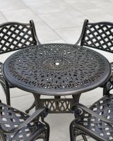 close up of aluminium lattice detail on tabletop with parasol hole