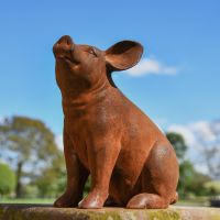 Rustic Cast Iron Sitting Piglet Sculpture in Situ