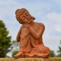 Rustic Cast Iron Resting Buddha Sculpture in Garden 