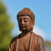 Close-Up of Rustic Cast Iron Sitting Buddha Sculpture