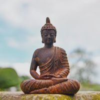 Rustic Cast Iron Meditating Buddha Sculpture in Garden 