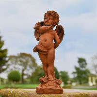 Winged Cherub with Butterfly Sculpture in Rustic Cast Iron 