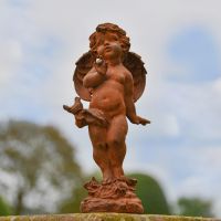 Rustic Cast Iron Cherub with Bird Sculpture 