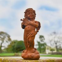 Winged Cherub with Harp Cast Iron Sculpture 