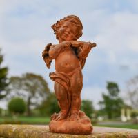 Rustic Cast Iron Winged Cherub with Violin Sculpture Rustic Cast Iron Winged Cherub with Violin Sculpture
