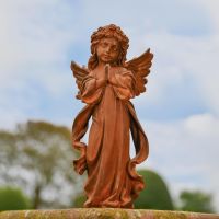Rustic Cast Iron Winged Praying Angel Sculpture in Garden 