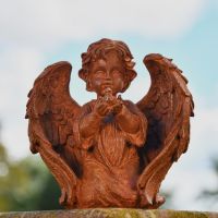 Rustic Cast Iron Winged Angel & Dove Sculpture in Situ