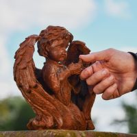 Rustic Cast Iron Winged Angel & Dove Sculpture to Scale