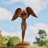 Rustic Cast Iron Free Standing Winged Angel Sculpture 