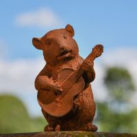 Rustic Cast Iron Chipmunk Playing Guitar Sculpture