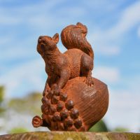 Rustic Cast Iron Squirrel & Acorn Sculpture in Garden 