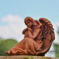 Rustic Cast Iron Angel in Thought Sculpture in Garden 