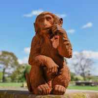 Rustic Cast Iron "Thinking" Monkey Sculpture in Garden 