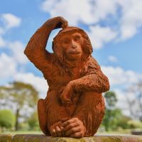 Rustic Cast Iron "Head Scratching" Monkey Sculpture in Garden Setting 
