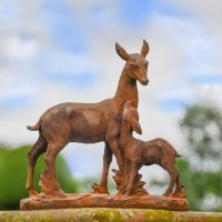 Rustic Cast Iron Doe & Calf Sculpture in Situ