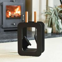 Contemporary Sleek Black "Duplex" Two Piece Companion Set with Wooden Handles