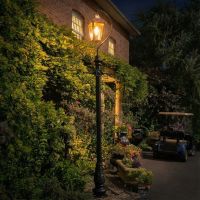 2.46m Copper Lincoln Swan Neck & Lamp Post Set Illuminated at Night