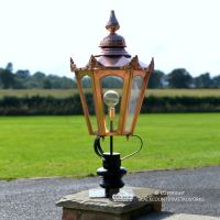 Copper Hexagonal Pillar Light and Lantern in Situ on a brick Pillar