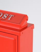 The Red "Oxford" Wall Mounted Post Box with Gold Detailing With a Close up of the Hinge The Red "Oxford" Wall Mounted Post Box with Gold Detailing With a Close up of the Hinge