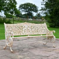 Antique Cream Cast Iron Leaf Scroll Bench