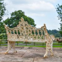 Rear view of Antique Cream Cast Iron Gothic Bench 
