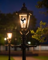 Custom Modern Rooster Design Victorian Garden Lamp Post Positioned on a Garden Pathway Custom Modern Rooster Design Victorian Garden Lamp Post Positioned on a Garden Pathway