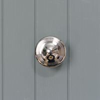 Front on view of circular bright chrome door knob
