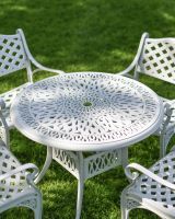 Situ Shot of Deluxe “Aether” Outdoor Four Seater Garden Table & Chair Set in White Situ Shot of Deluxe “Aether” Outdoor Four Seater Garden Table & Chair Set in White
