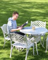 Scale Shot of Deluxe “Aether” Outdoor Four Seater Garden Table & Chair Set in White Scale Shot of Deluxe “Aether” Outdoor Four Seater Garden Table & Chair Set in White